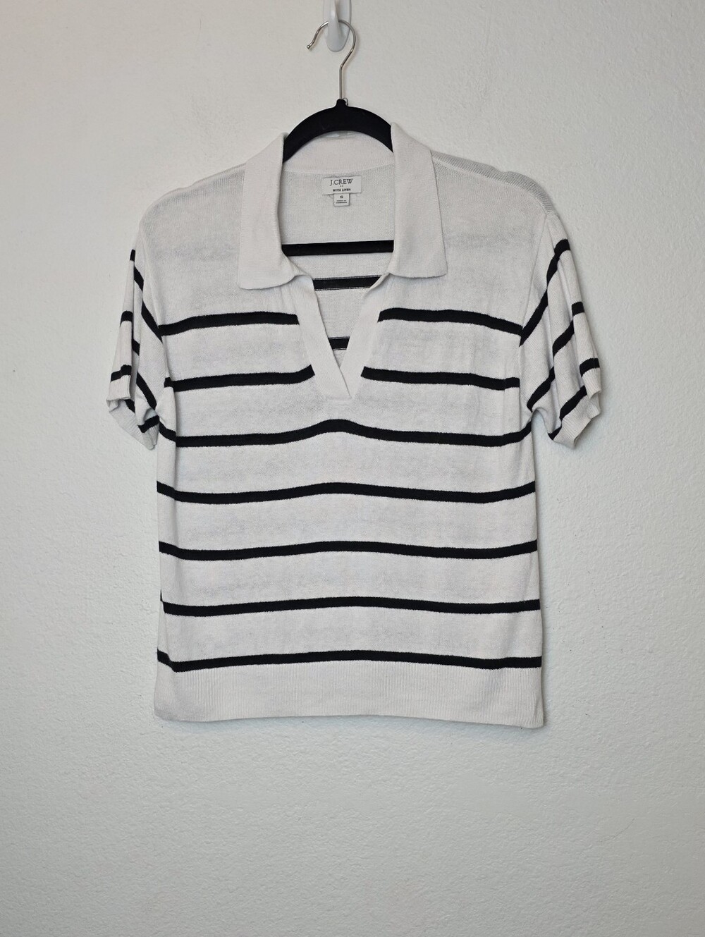 J CREW White Striped Linen-Blend Short Sleeve Polo Sweater Top Coastal 2024 Sz S - Picture 2 of 12